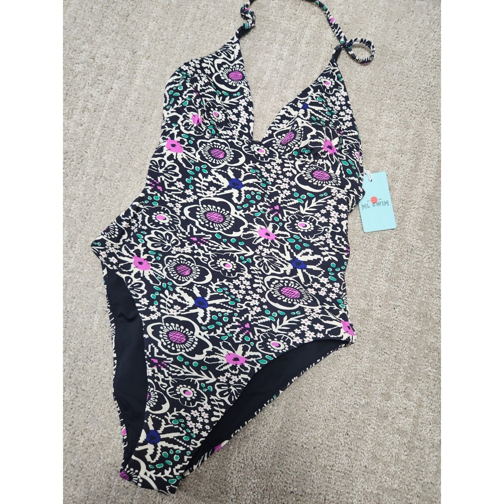 Marine Layer Plunge One Piece Swimsuit Women XS Black Floral Resort NEW Beach
